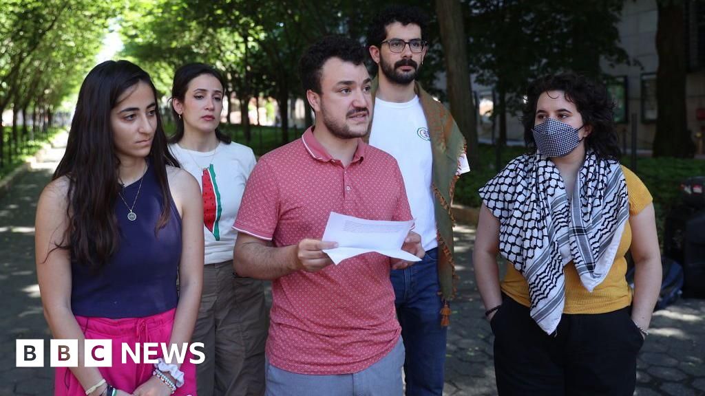 Mahmoud Khalil speaks at a press event with other Columbia University protesters