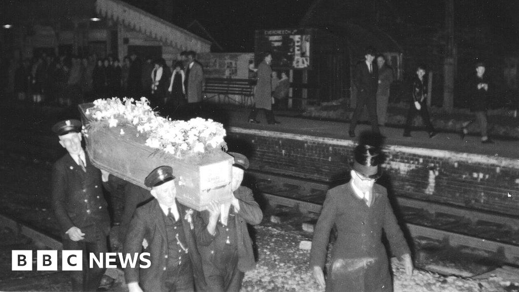 Evercreech Junction station, mock funeral with coffin before being loaded onto last up service train, 5 March 1966