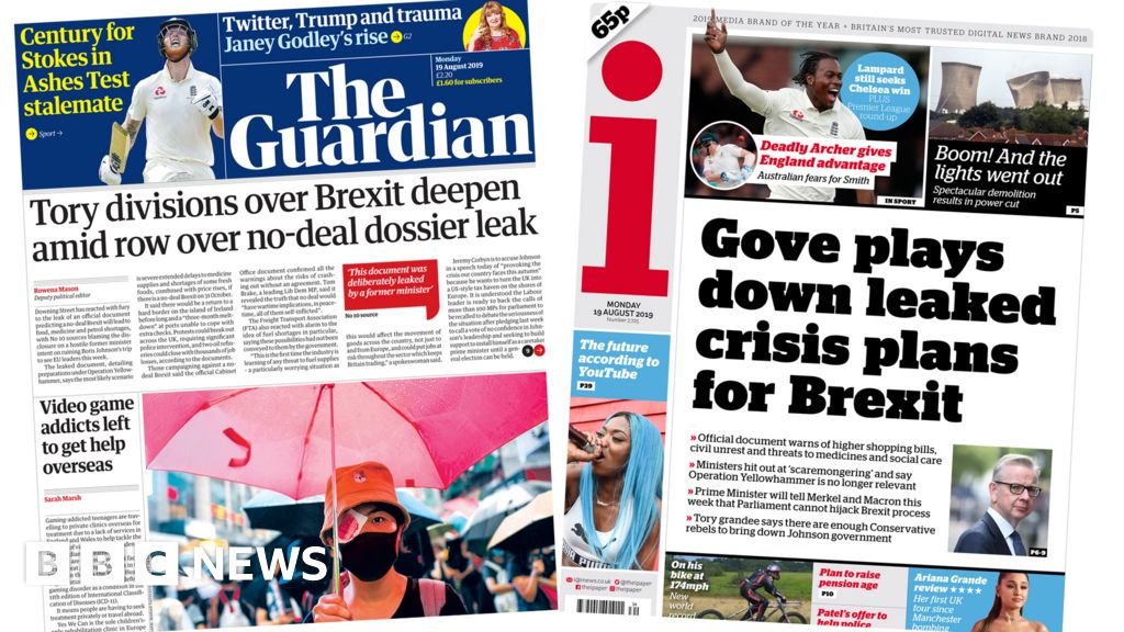 Newspaper Headlines Tory Divisions Over Leaked Crisis Plans For Brexit