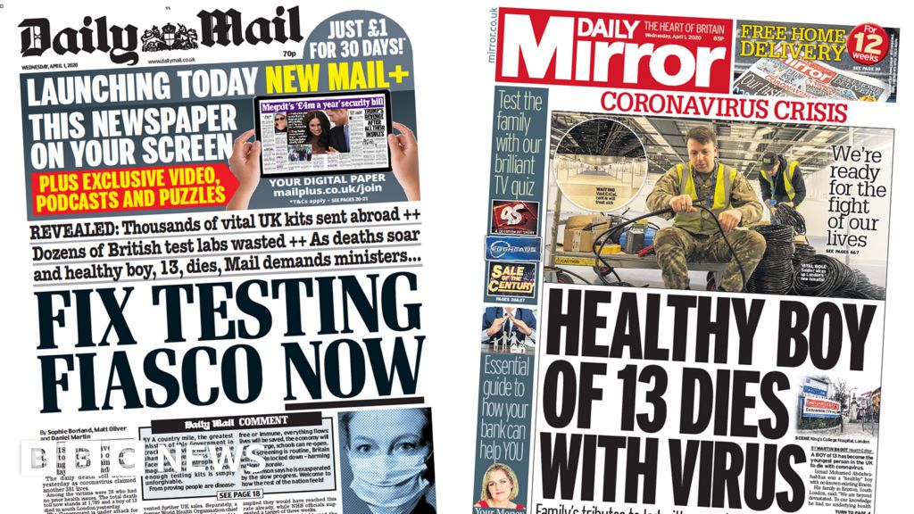 Newspaper Headlines Testing Fiasco And Uks Youngest Virus Death