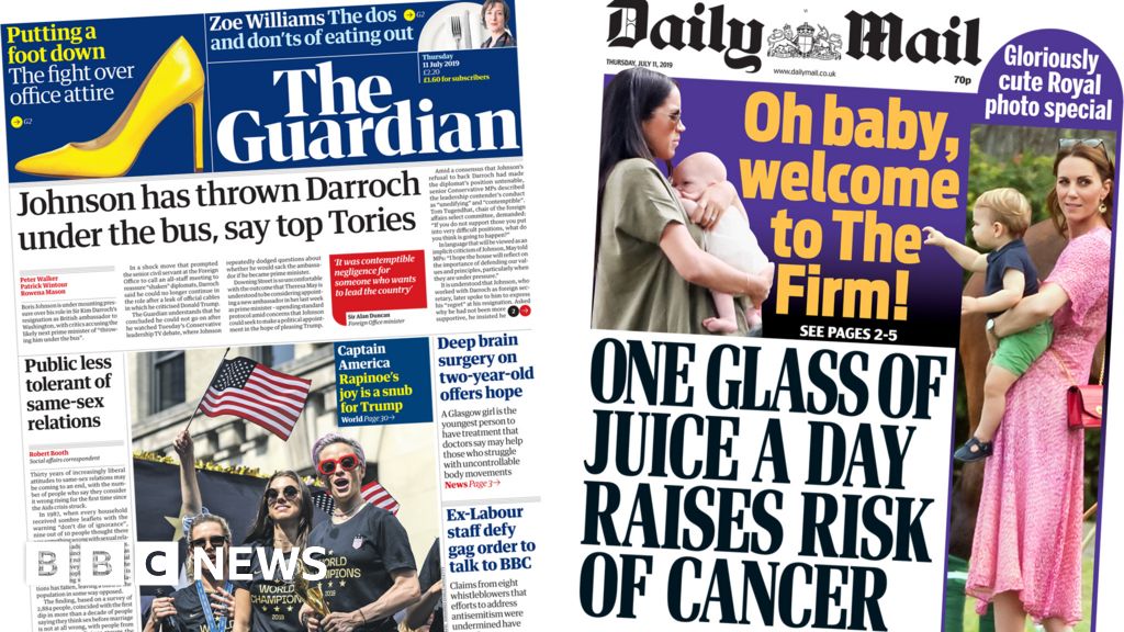 Newspaper headlines Ambassador row and fruit juice cancer risk