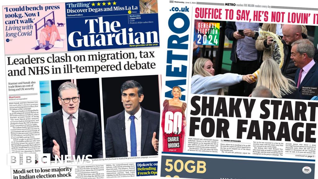 Newspaper headlines: ‘Leaders clash’ and ‘shaky start for Farage’