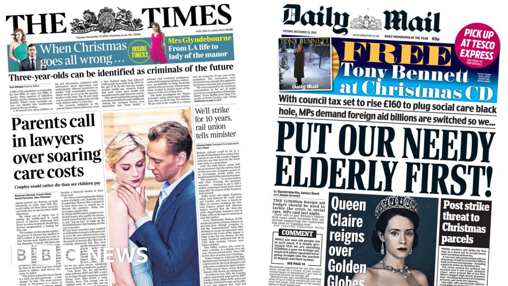 Newspaper headlines Care costs 'legal action' and 'Save Aleppo' call