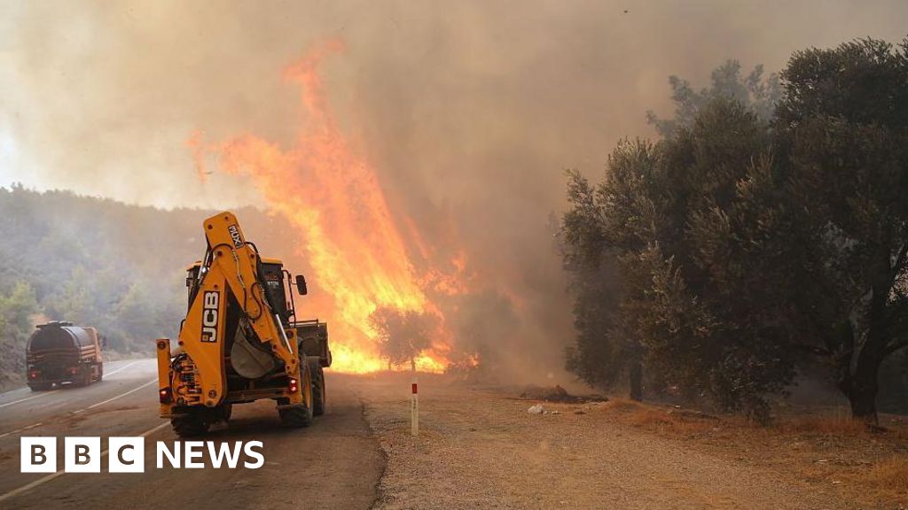 A view of flames as firefighters battle the wildfire with ground and aerial operations in Seydikemer district of Mugla
