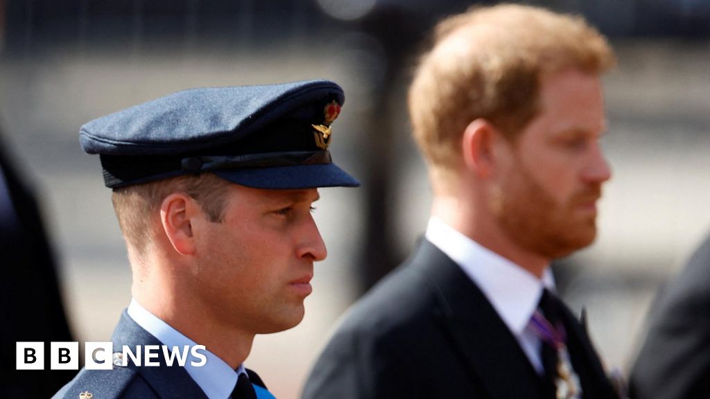 William and Harry side by side behind Queen's coffin