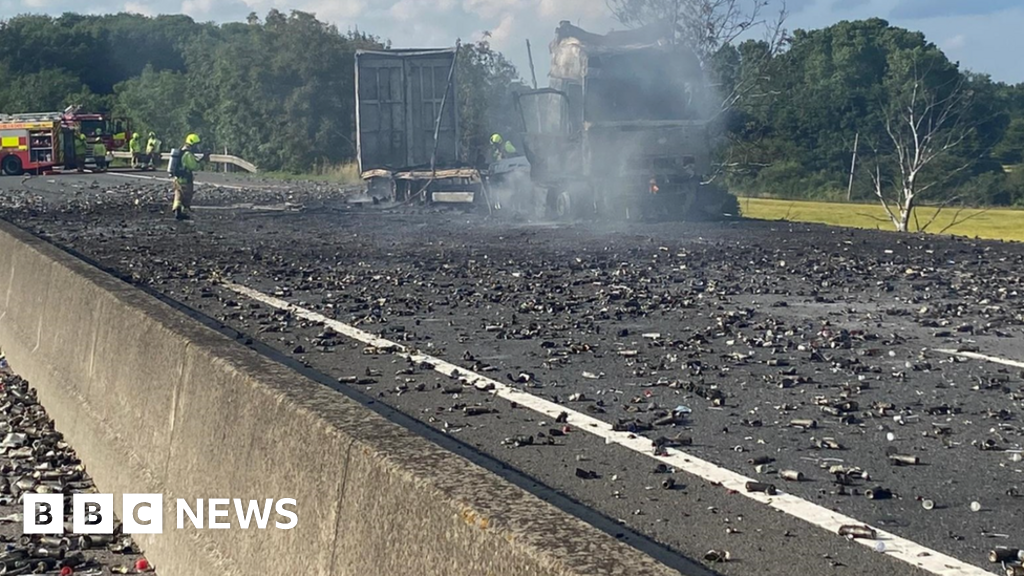 M11 aerosol cans lorry fire closes motorway in both directions BBC News