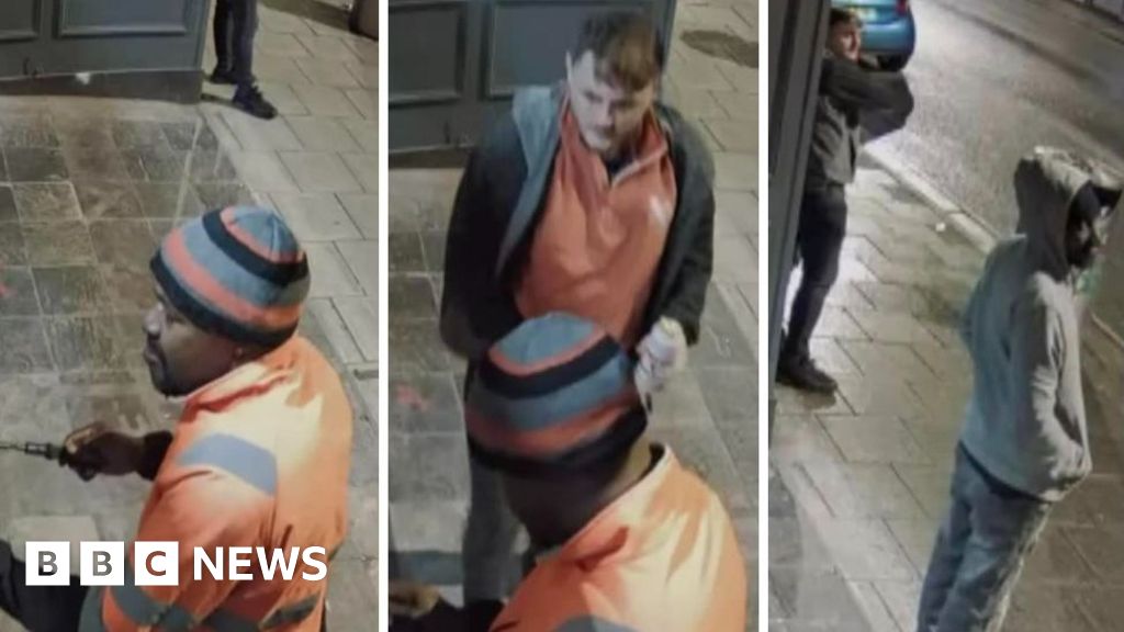 A composite image showing three separate frames of three individuals captured on CCTV. One is wearing an orange hi-vis jacket and an orange, grey and black striped beanie hat. Another is wearing an orange three-quarter zip jumper, black jeans and a gre...