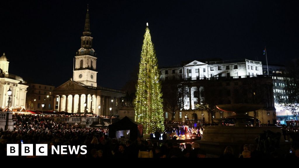 A crowd takes pictures of the Christmas tree in Trafalgar Square, which glimmers with small fairy lights.