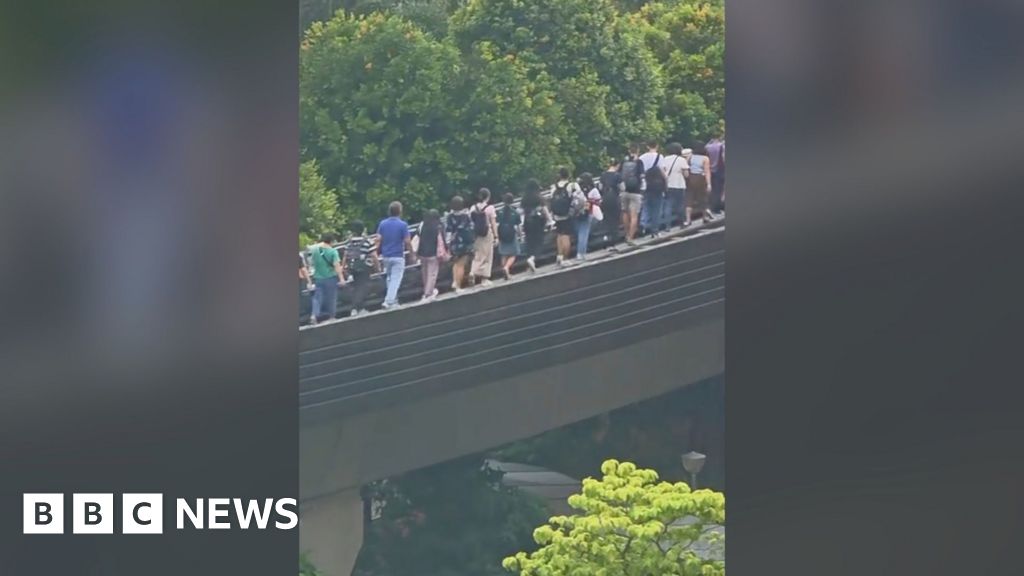 Stranded Singaporean passengers make precarious railway walk