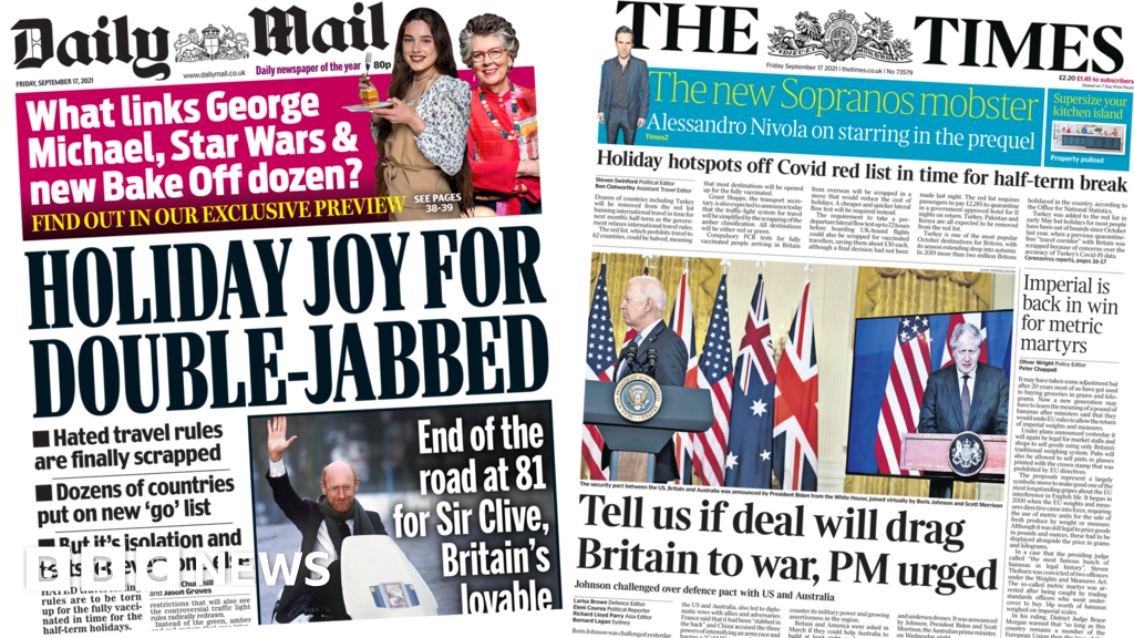 The Papers: Double-jabbed 'holiday joy' and defence pact challenged