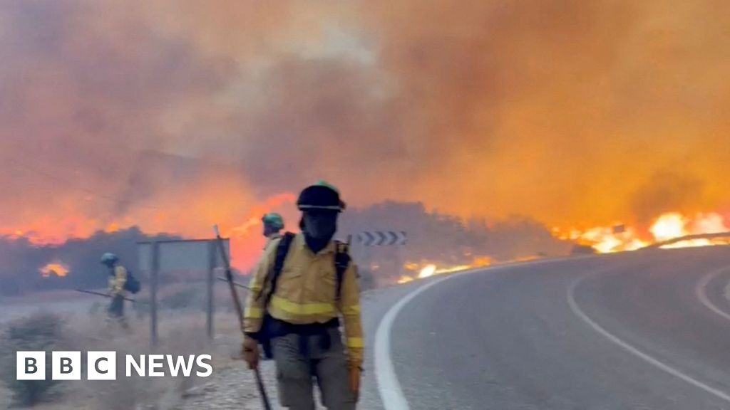 A masked emergency worker stands next to a road in Almería, Spain as a wildfire rages behind them.
