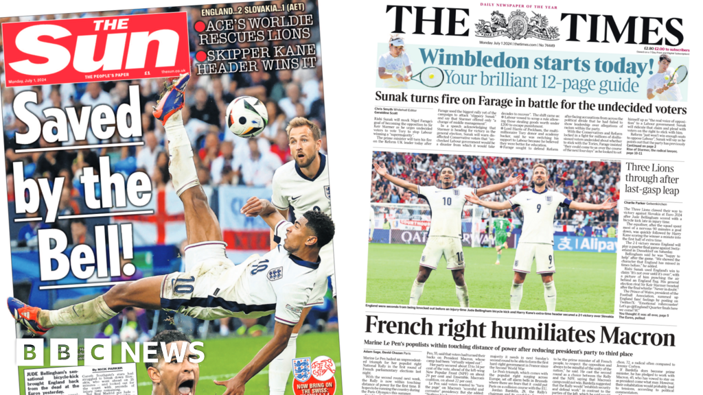 Newspaper headlines: “The French right humiliates Macron” and England “saved by the bell”