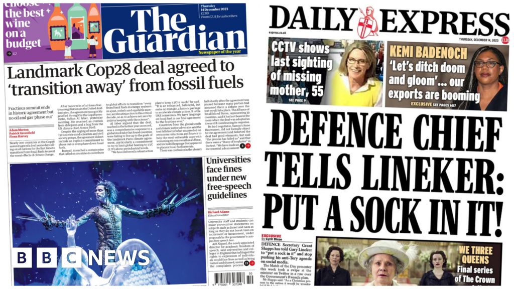 The Papers: 'Landmark COP28 deal' and 'police hunt for missing mother'