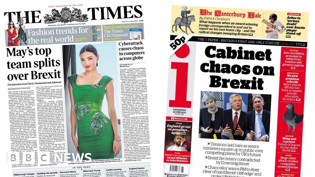 Newspaper Headlines Mays Top Team Splits Over Brexit Bbc News 