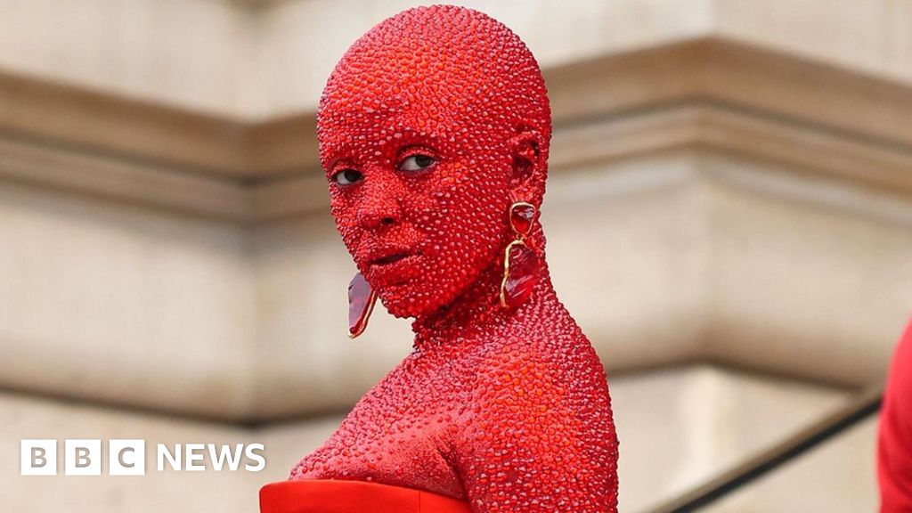 Hospital brænde Motel Doja Cat turns heads in red body paint and 30,000 crystals at  Schiaparelli's Paris show - BBC News