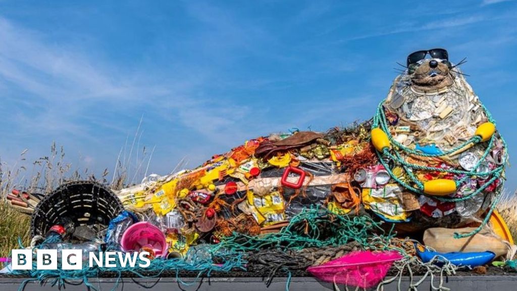 Seal sculpture made from Essex beach plastic rubbish