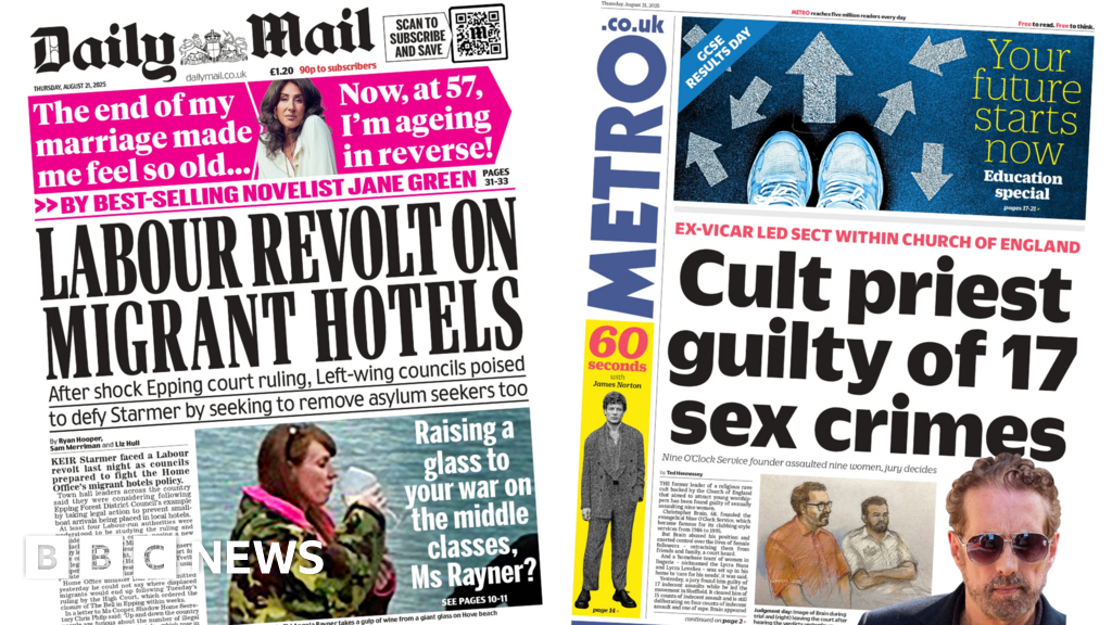 'Labour revolt on migrant hotels' and 'cult priest guilty'