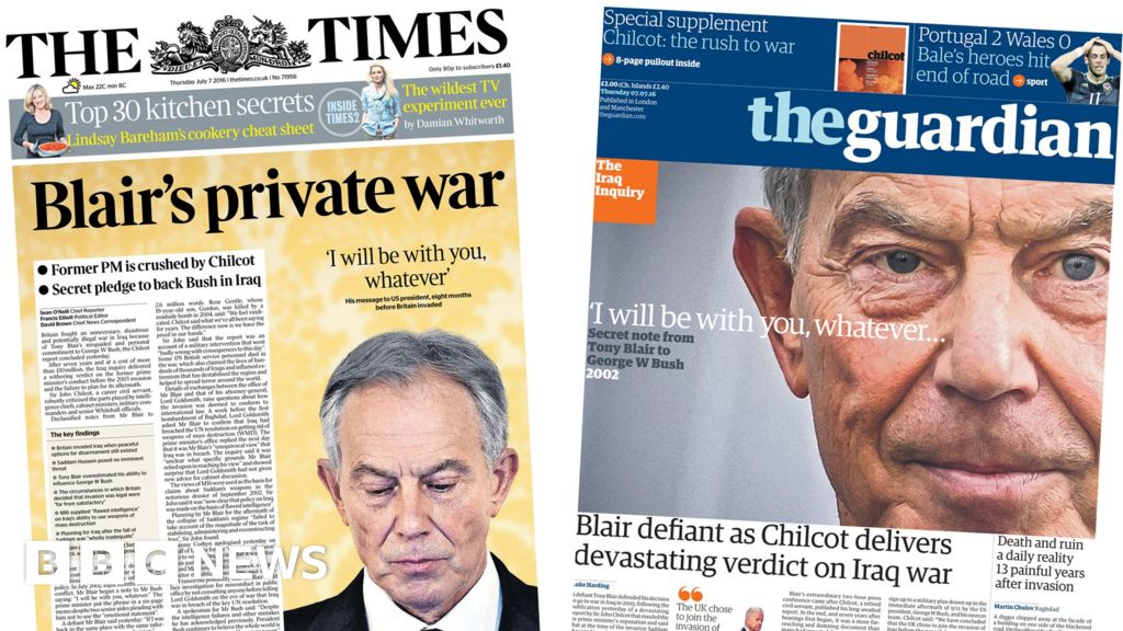 Newspaper headlines: Iraq War report and Blair fallout