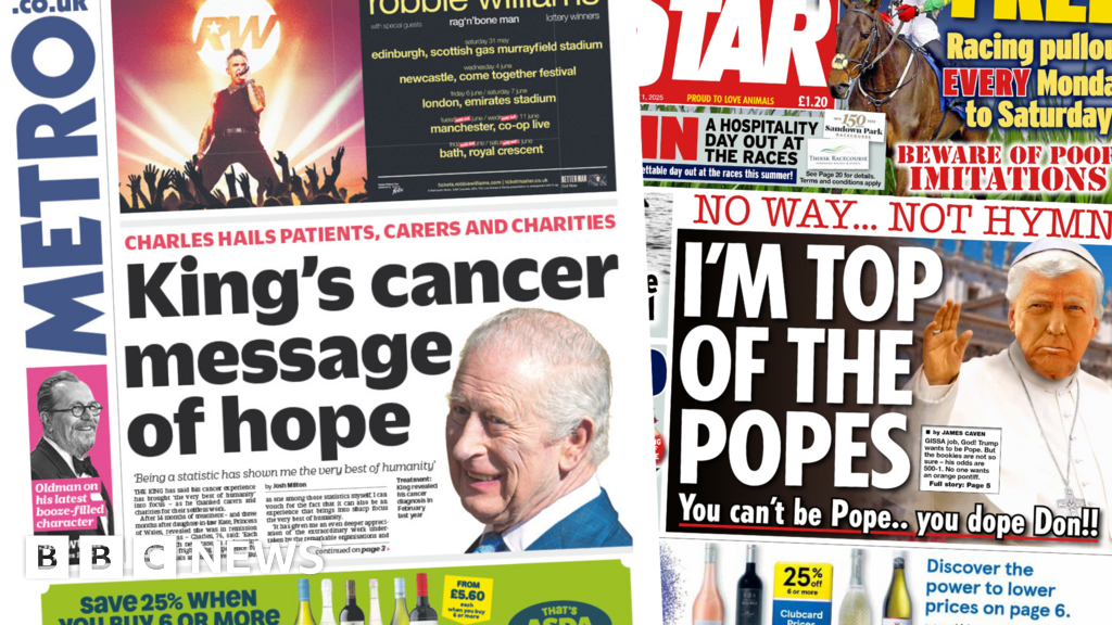 Newspaper headlines: 'King's cancer message' and 'No way... Not hymn'