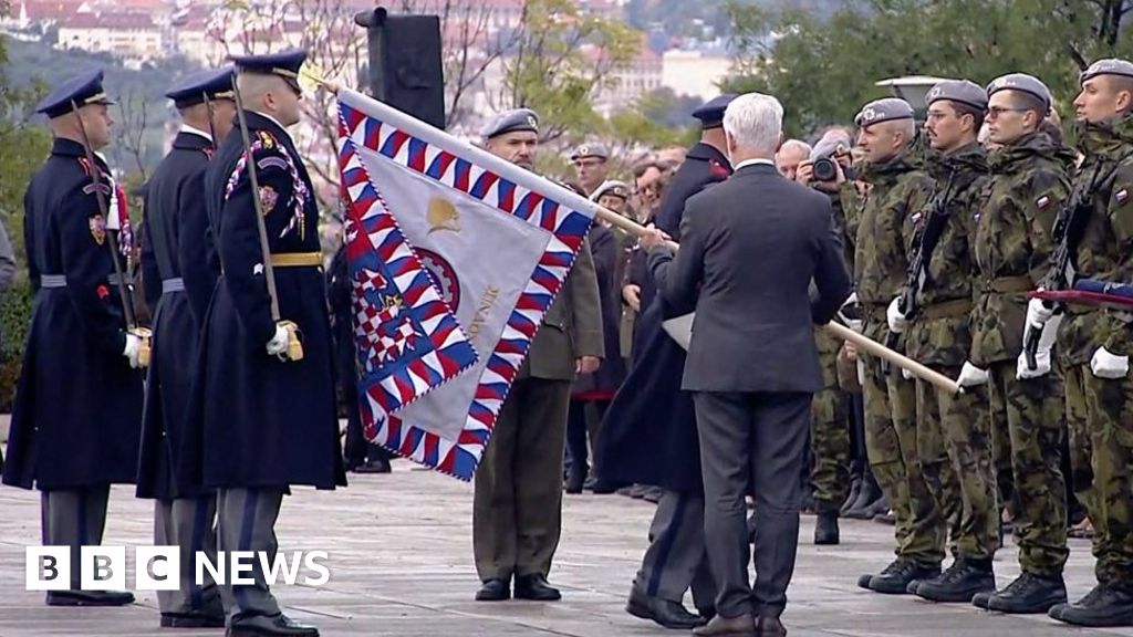 Moment Czech president knocks soldier's hat off by striking him with flagpole