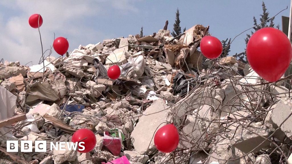 Turkey earthquake: Red balloons placed on rubble to honour child victims