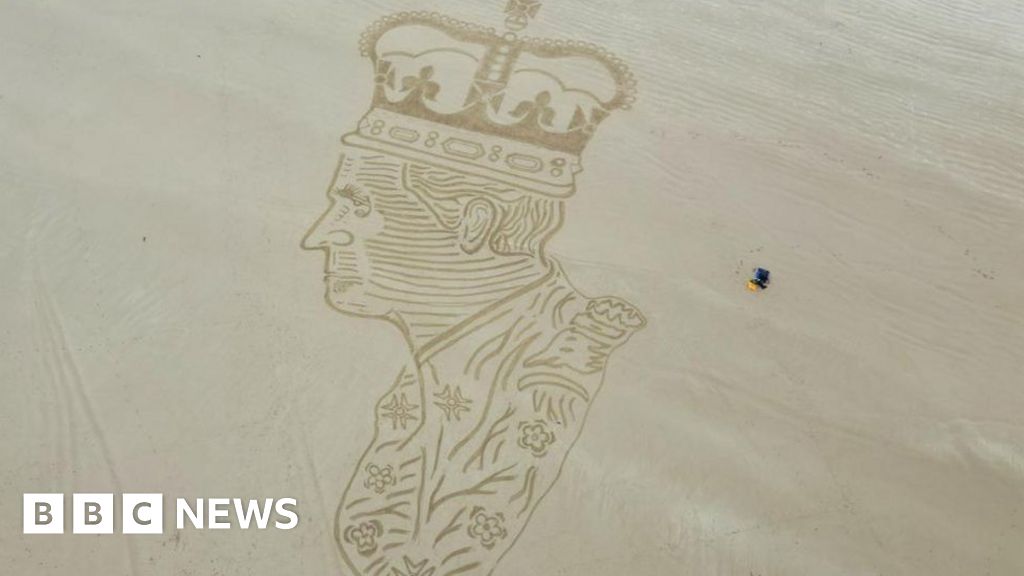 King’s Coronation: Bamburgh beach is canvas for sand portrait of Charles