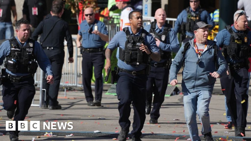 ; Police respond after gun shots were fired after the celebration of the Kansas City Chiefs winning Super Bowl LVIII.