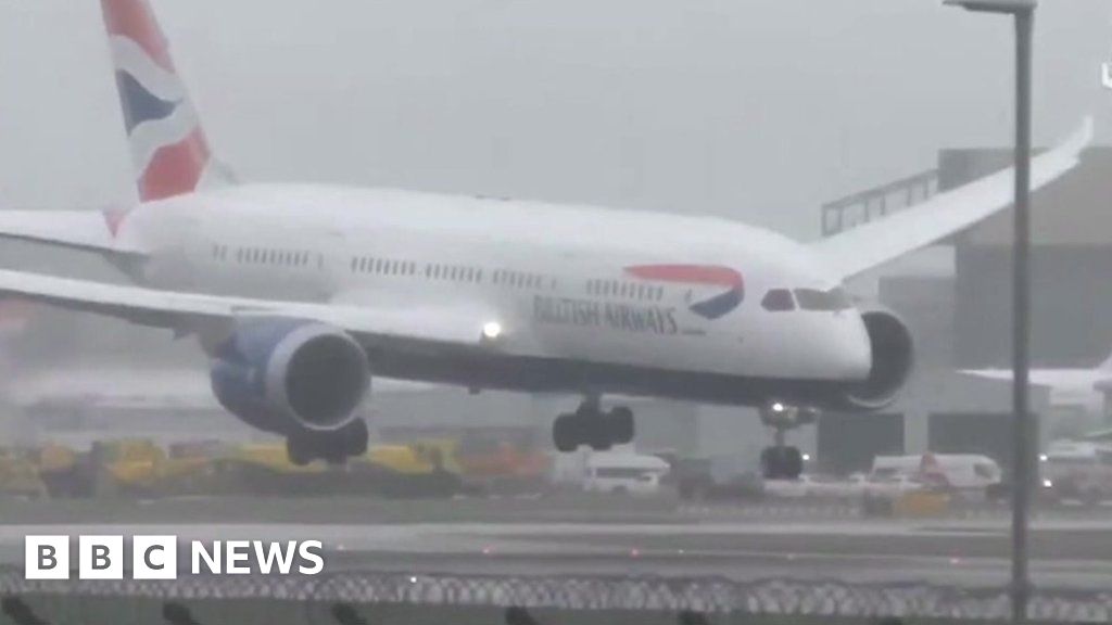 Plane struggles to land in strong winds