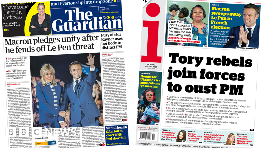 Newspaper headlines: Macron re-elected and ‘Tory rebels plot to oust PM’