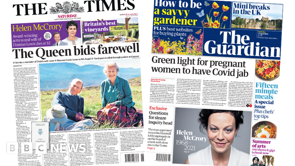 Newspaper headlines 'Queen bids farewell', and Helen McCrory tributes