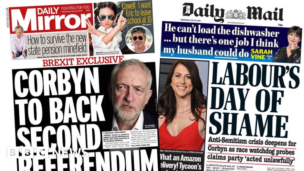 Newspaper Headlines Corbyn Backs Referendum Amid Party Rows Bbc News
