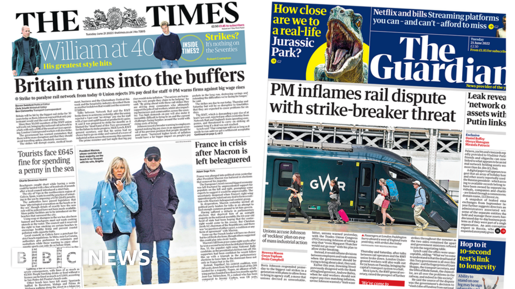 Newspaper headlines: Britain ‘runs into buffers’ as PM ‘inflames’ rail dispute