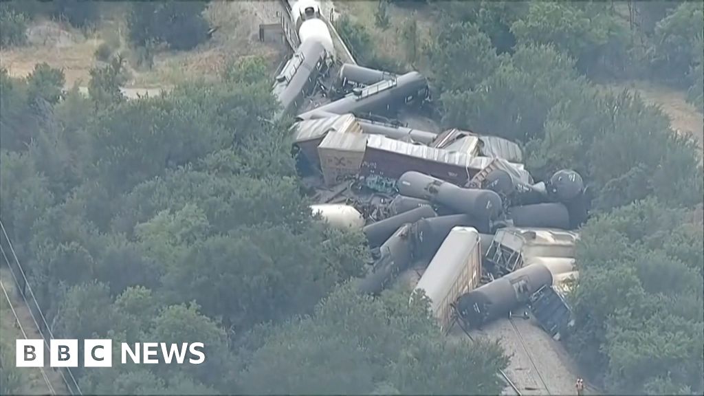 Aerial footage shows aftermath of massive train derailment in Texas