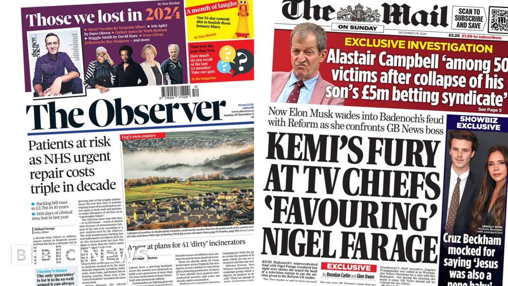 The Papers: NHS 'repair costs triple' and Badenoch 'fury' at Farage's TV time