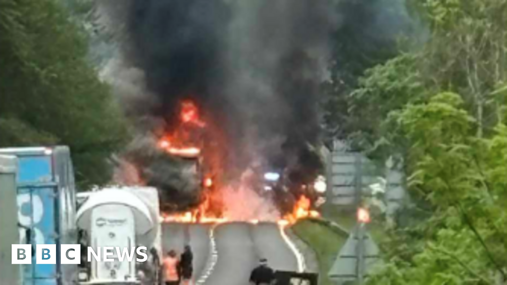 A9 closed in both directions after lorry bursts into flames
