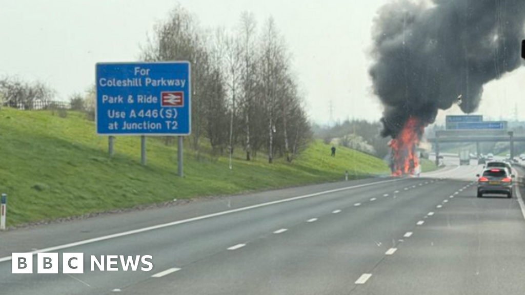 Traffic stopped as coach on fire on M6 toll