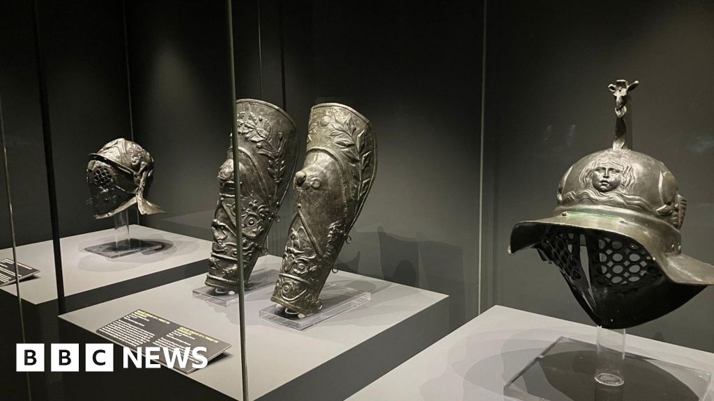 Preserved gladiator helmets on display at Leeds armouries