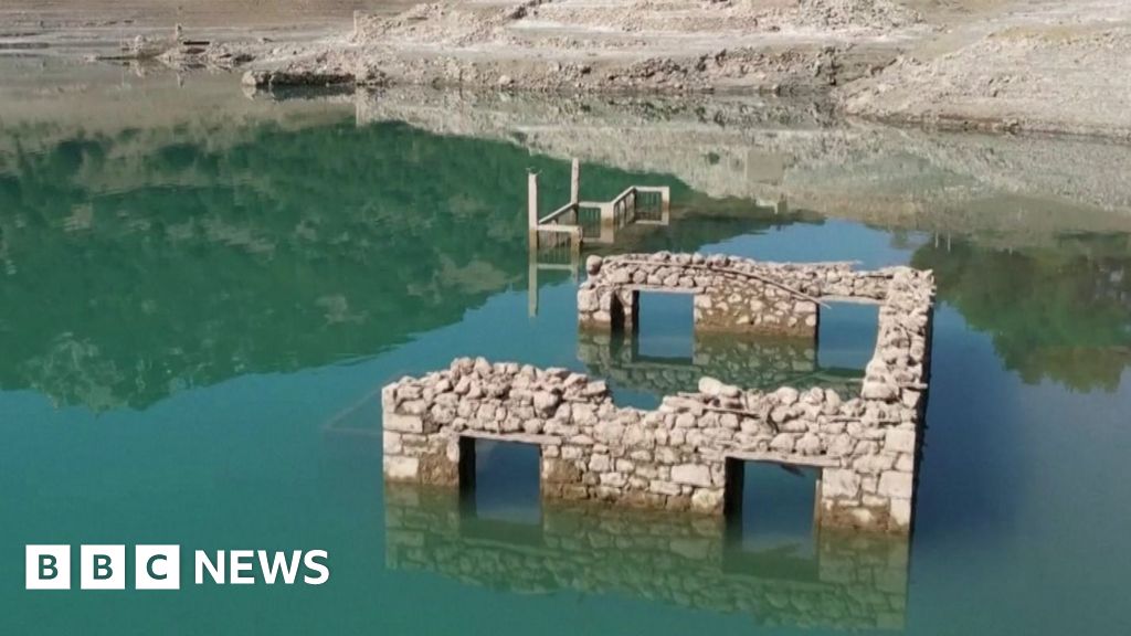 Drone footage shows sunken Greek village re-emerge from lake