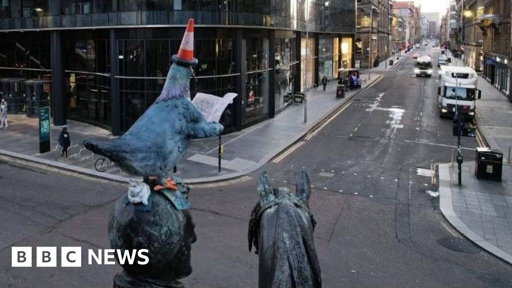 Artist swaps Duke of Wellington traffic cone for paper-reading pigeon