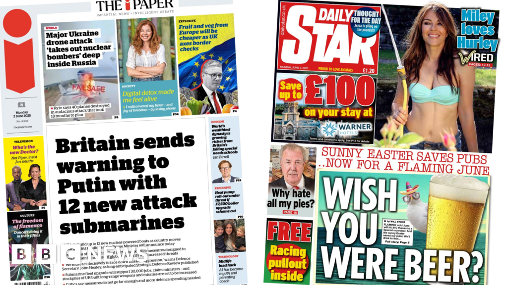 Newspaper headlines: 'UK sends warning to Putin' and 'wish you were beer'