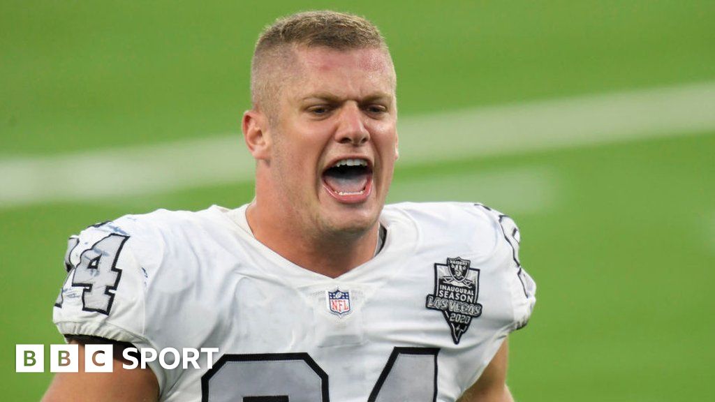 Las Vegas Raiders defensive end Carl Nassib (94) reacts after the Las Vegas  Raiders lost to the …