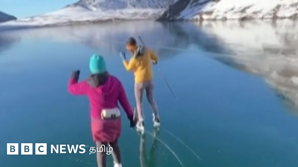 முகம் பார்க்கும் கண்ணாடி போன்று காட்சியளிக்கும் ஏரி - ஸ்கேட்டிங் செய்து சாகசம் 