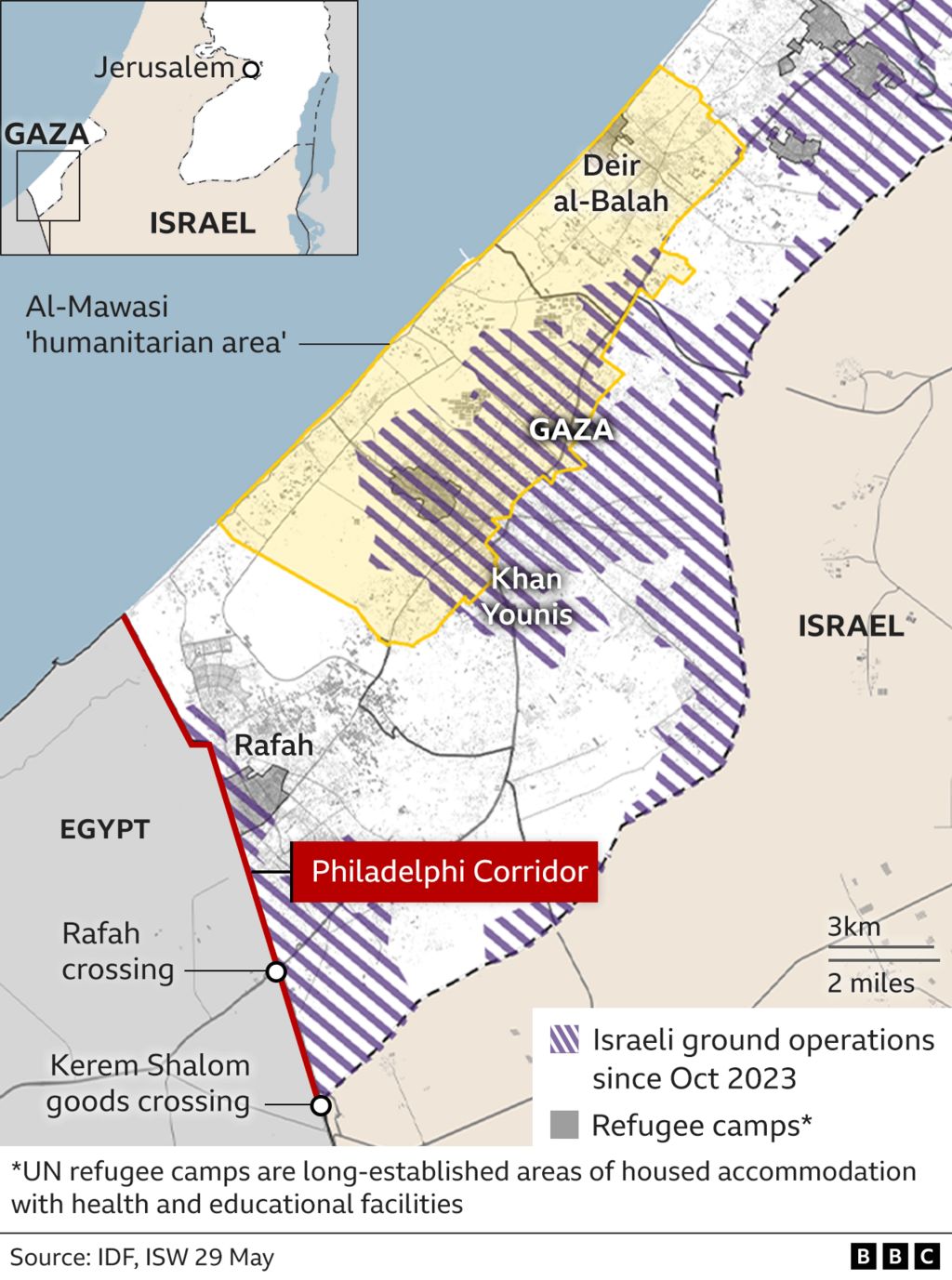 Map showing Philadelphi Corridor between Gaza and Egypt and extent of Israeli ground operations in the south