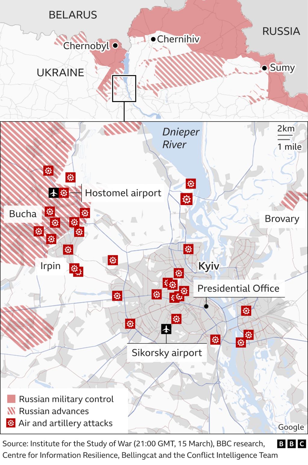 Map showing the north of Ukraine and the locations of attacks on the capital Kyiv