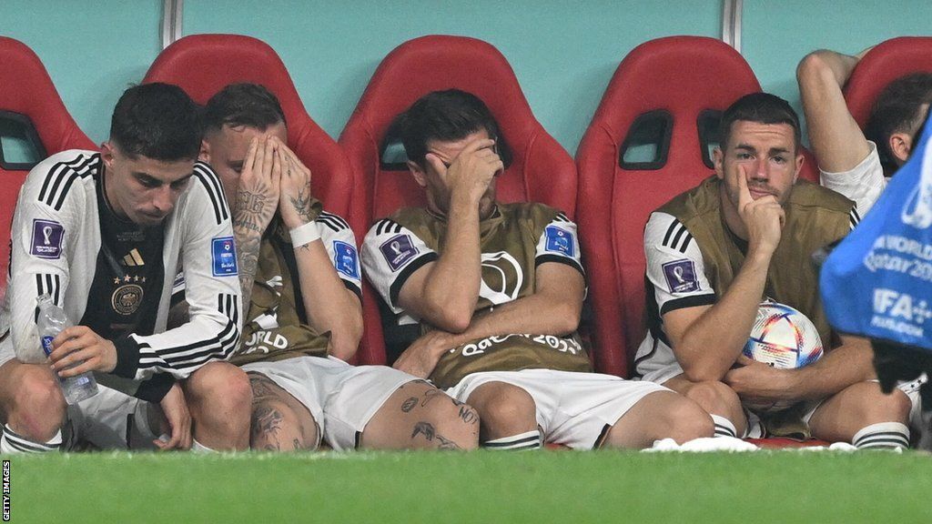 Germany players react in despair at the World Cup
