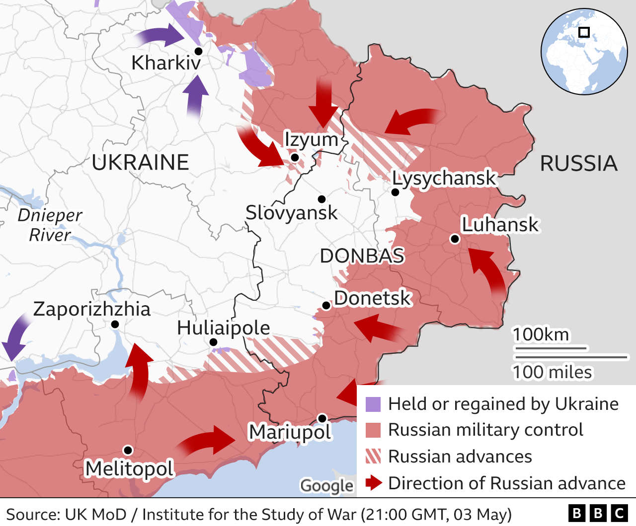 Map showing the Russian military advance into Ukraine from the east