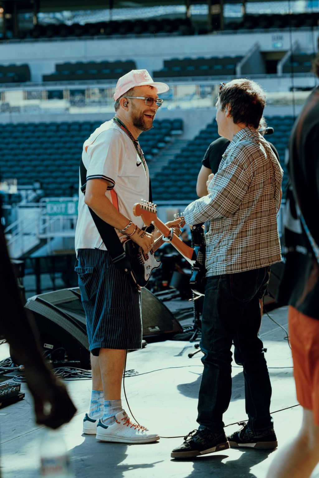 Damon Albarn chats on stage while rehearsing for Gorillaz' stage show
