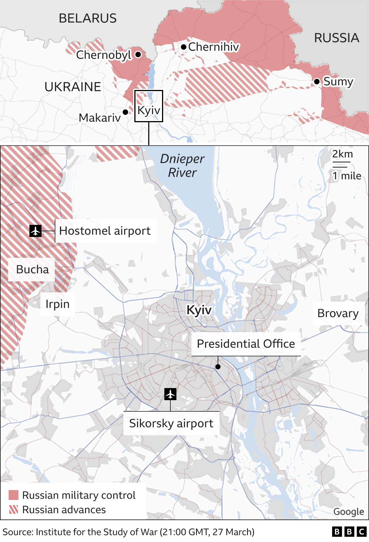 Map showing how Russian forces are positioned around Kyiv