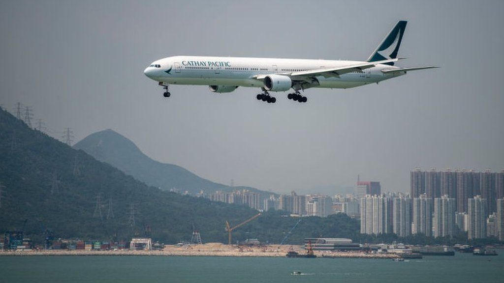 A Plane belonging to the Hong Kong based airline Cathay Pacific landing in Hong Kong International Airport.