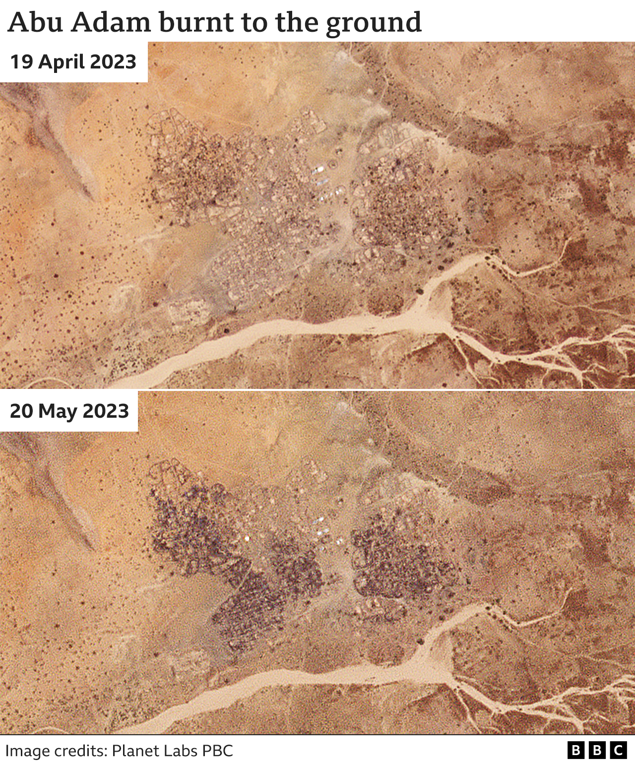 Спутниковые снимки показывают деревню Абу Адам и то, как она была почти полностью уничтожена огнем в период с апреля по май 2023 года